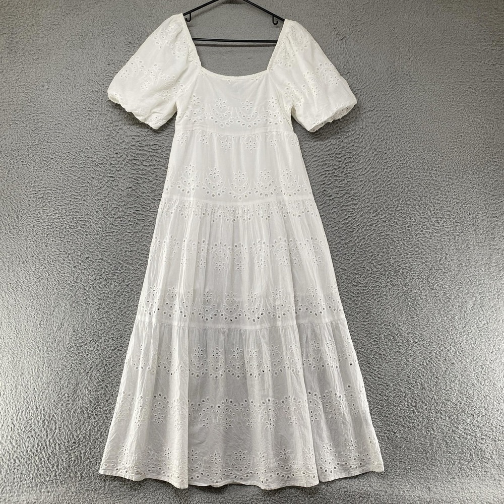 Meadow Rhodes Maxi Dress Womens Small White Eyelet Embroidered Puff Sleeve Boho